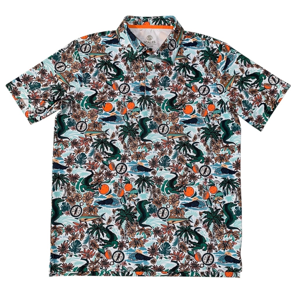 Scales Fish & Game Polo Shirt Mens Medium Florida Tropical Alligator Fish Golf